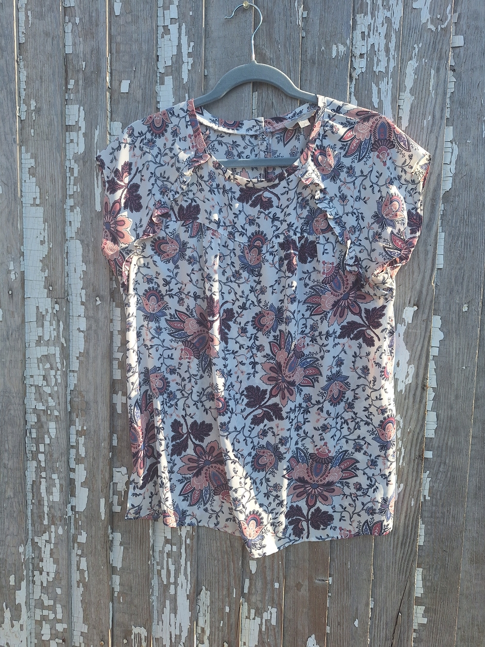 LOFT Cream Floral Short Sleeve Blouse with Pink and Brown Accents Size Large